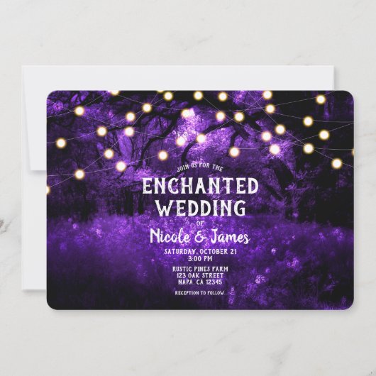 Invitation Violet Rustique Enchanted Mariage Lumières Forêt (Devant)