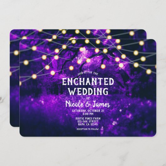 Invitation Violet Rustique Enchanted Mariage Lumières Forêt (Devant / Derrière)