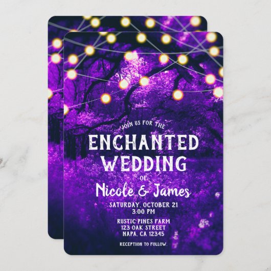 Invitation Violet Rustique Enchanted Mariage Lumières Forêt (Devant / Derrière)