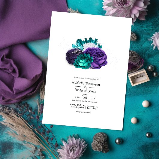 Invitation Violet rustique et Mariage floral turquoise