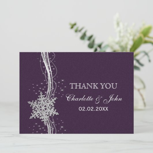 Invitation violet Silver Snowflakes Merci de mariage hivernal (Debout devant)