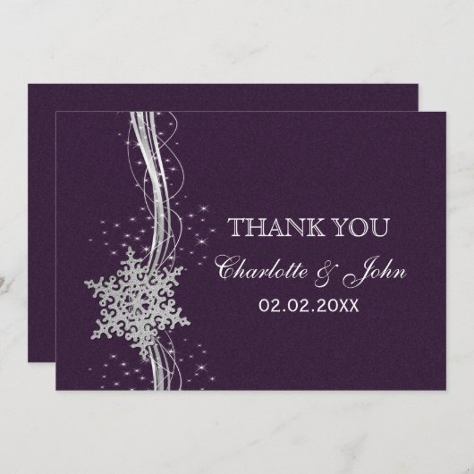 Invitation violet Silver Snowflakes Merci de mariage hivernal (Devant / Derrière)