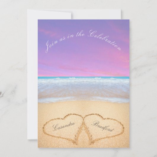 Invitation Violet Sous-Ensemble Plage Mariage 2 Coeurs Sable (Dos)