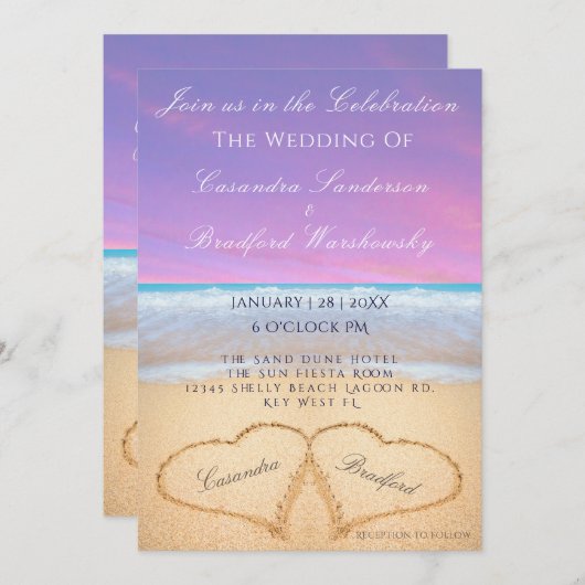 Invitation Violet Sous-Ensemble Plage Mariage 2 Coeurs Sable (Devant / Derrière)