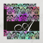 INVITATION VIOLET TEAL AQUA BLEU NOIR DAMAS MONOGRAMME (Devant / Derrière)