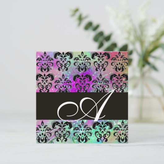 INVITATION VIOLET TEAL AQUA BLEU NOIR DAMAS MONOGRAMME (Debout devant)