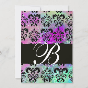 INVITATION VIOLET TEAL AQUA BLEU NOIR DAMAS MONOGRAMME