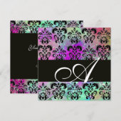 INVITATION VIOLET TEAL AQUA BLEU NOIR DAMASK MONOGRAMME (Devant / Derrière)