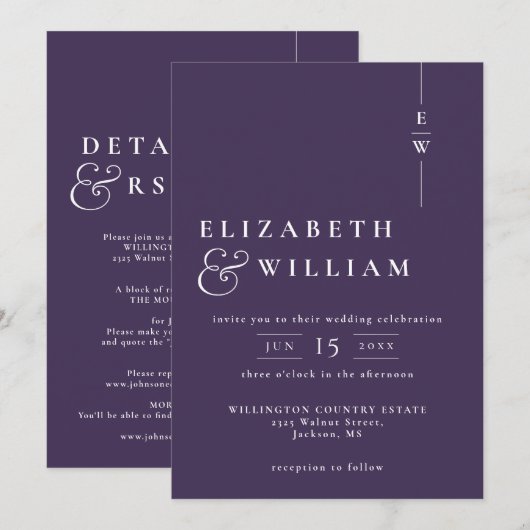 Invitation Violet tout en un moderne élégant Mariage Monogram (Devant / Derrière)