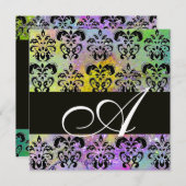 Invitation VIOLET VERT JAUNE NOIR DAMAS MONOGRAMME, blanc (Devant / Derrière)