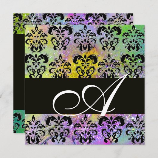 Invitation VIOLET VERT JAUNE NOIR DAMAS MONOGRAMME, blanc (Devant / Derrière)