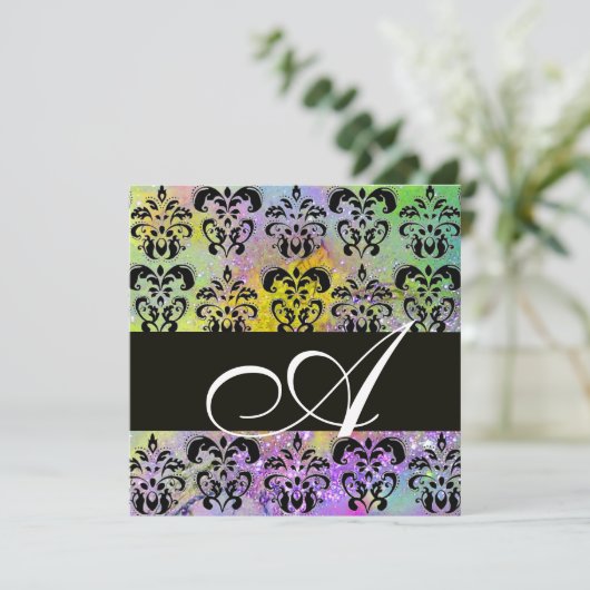Invitation VIOLET VERT JAUNE NOIR DAMAS MONOGRAMME, blanc (Debout devant)