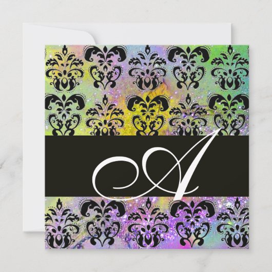 Invitation VIOLET VERT JAUNE NOIR DAMAS MONOGRAMME, blanc (Devant)