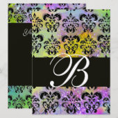 Invitation VIOLET VERT JAUNE NOIR DAMASK MONOGRAM, blanc (Devant / Derrière)