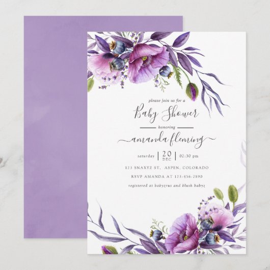 Invitation Violet violet Baby shower floral de pavot (Devant / Derrière)