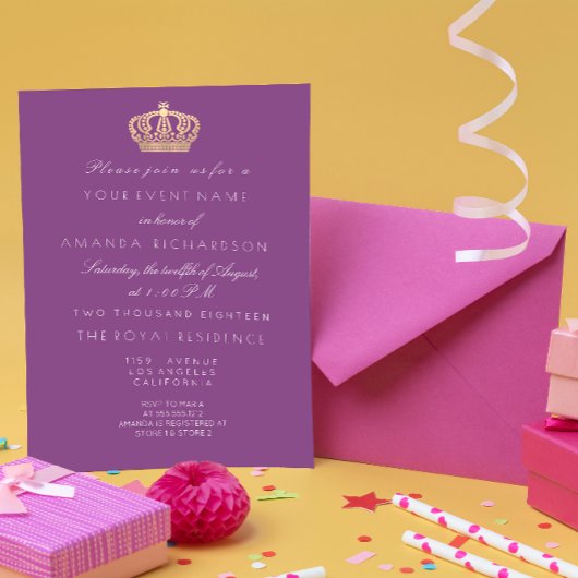 Invitation Violet violet doré Couronne Royal Pastel Blanc