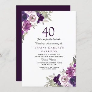 Invitation Violet violet Floral 40e anniversaire Mariage