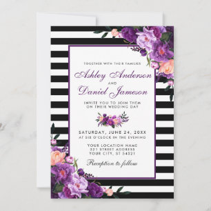 Invitation Violet violet Floral Black Stripes Mariage