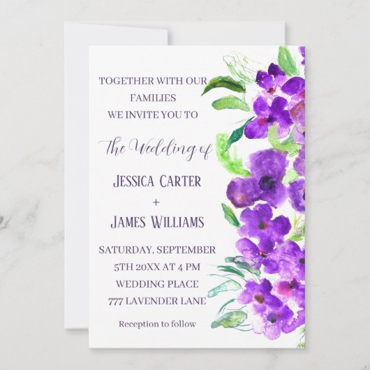 Invitation Violet violet Floral Boho Mariage d'été (Devant)