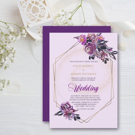 Invitation Violet violet Floral Gold Frame Mariage