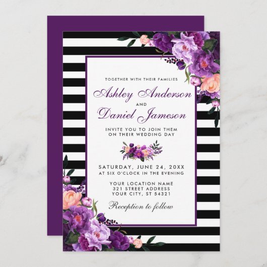 Invitation Violet violet Floral Mariage noir rayures PB (Devant / Derrière)