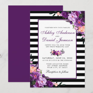 Invitation Violet violet Floral Mariage noir rayures PB