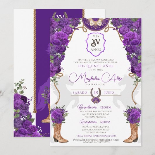 Invitation Violet violet Floral Ouest Charro Quinceañera (Devant / Derrière)