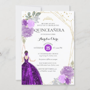 Invitation Violet violet Floral Photo géométrique Quinceañera