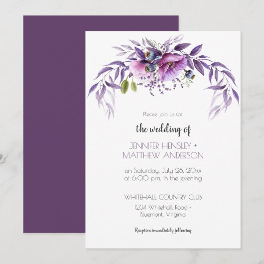 Invitation Violet violet Lavande Aquarelle Mariage Floral | (Devant / Derrière)