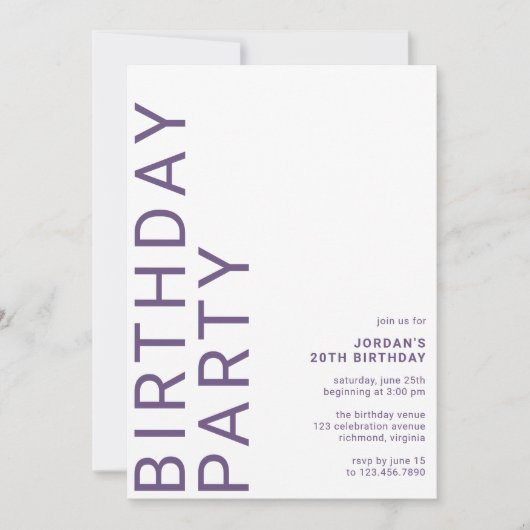 Invitation Violet violet | Moderne Minimal N'Importe Quel Âge (Devant)