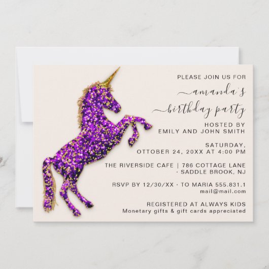 Invitation Violet violet Parties scintillant or Unicorn Horse (Devant)