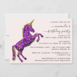 Invitation Violet violet Parties scintillant or Unicorn Horse