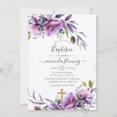 Invitation Violet Violet Pavot Floral Baptême (Devant)