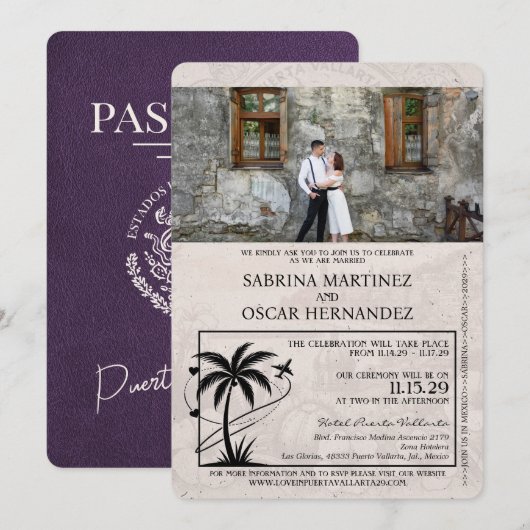Invitation Violet violet Puerta Vallarta Mariage du passeport (Devant / Derrière)