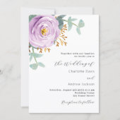 Invitation Violet violet vert fleuri code QR RSVP mariage (Devant)