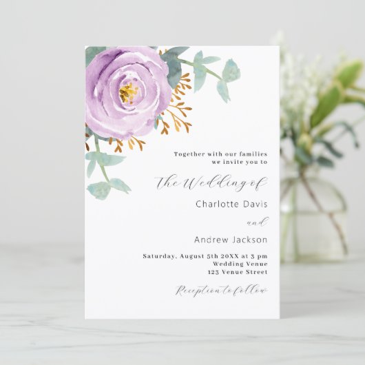 Invitation Violet violet vert fleuri code QR RSVP mariage (Debout devant)
