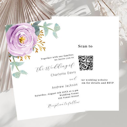 Invitation Violet violet vert fleuri code QR RSVP mariage