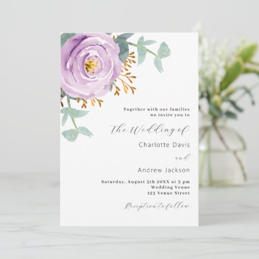 Invitation Violet violet violet fleuri mariage (Debout devant)