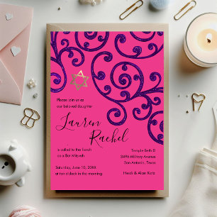 Invitation violette bat mitzvah Motif Scroll