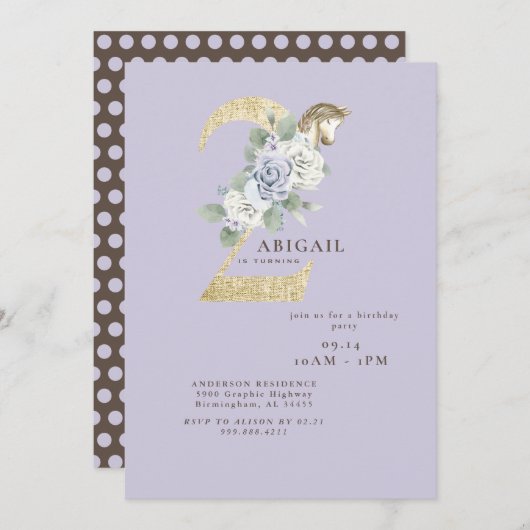 Invitation violette de la fête du 2e anniversaire (Devant / Derrière)