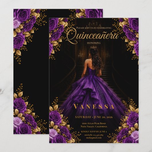 Invitation violette et dorée pour Quinceanera (Devant / Derrière)