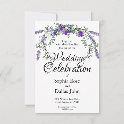 Invitation Violettes d'aquarelle élégante et Mariage de lavan (Devant)