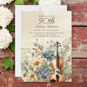 Invitation Violon Ancien Fleurs Bleu Poussiéreux 90e Annivers