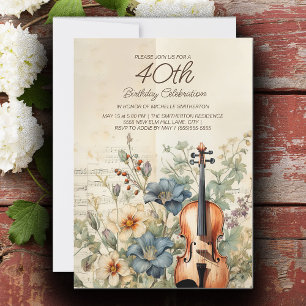Invitation Violon vintage Dusty Blue Flowers 40e anniversaire