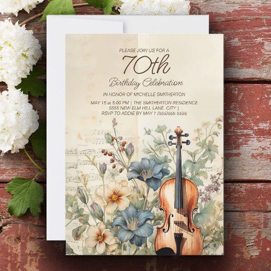 Invitation Violon vintage Dusty Blue Flowers 70e anniversaire