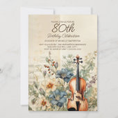 Invitation Violon vintage Dusty Blue Flowers 80e anniversaire (Devant)