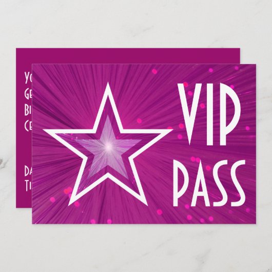 Invitation "VIP PASS" en étoile rose horizontale (Devant / Derrière)