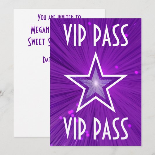Invitation 'VIP PASS' en violet étoile blanc (Devant / Derrière)