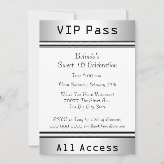 Invitation VIP pass Sweet 16 Anniversaire Blanc (Devant)