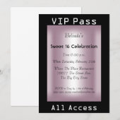 Invitation VIP pass Sweet 16 Anniversaire Fête Rose Noir (Devant / Derrière)